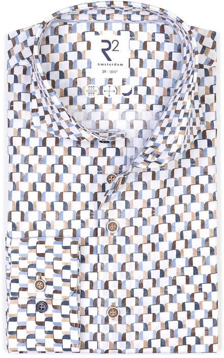 R2 Poplin Overhemd Print Multicolor - Maat 40 - Heren - Overhemden Formeel