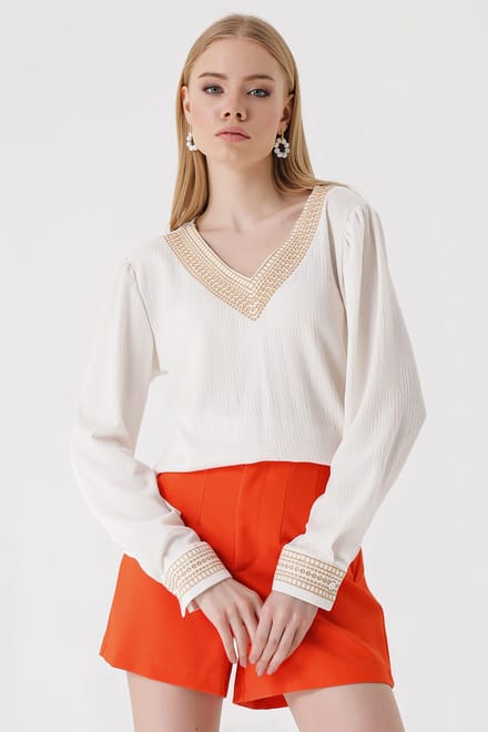 Geborduurde Textuur V-hals Blouse