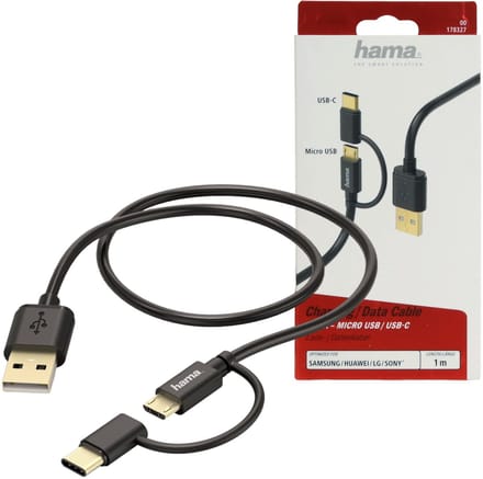 Hama Laad/Synchrokabel 2 in 1 USB type-C - micro USB 1m zwart