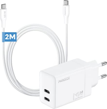 Phreeze usb C oplader 45 W met usb C naar usb C kabel - 2 meter - Super snellader - Power delivery oplader met 2 poorten