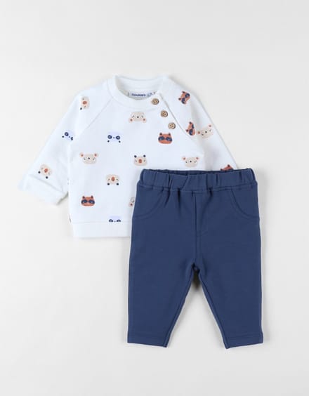 Noukie's - Jogging - Jongens Sweatshirt met dierenprint + denim broek - ecru/marineblauw - 2 jaar 92