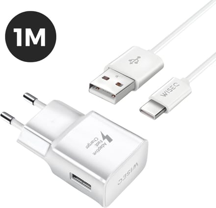 WiseQ USB C Oplader - Geschikt voor Samsung Galaxy - 18W Adaptive Fast Charging - Met Oplaadkabel 1 Meter - wit