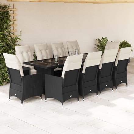 vidaXL - 11-delige - Bistroset - met - kussens - poly - rattan - zwart