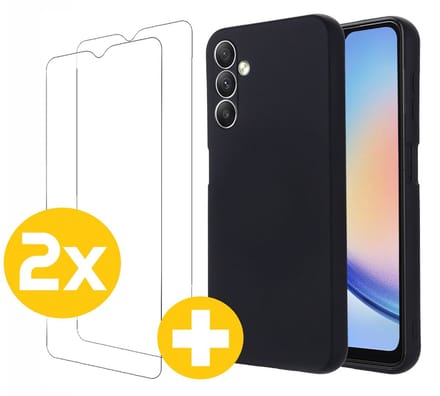 Hoesje en Screenprotector Combi Geschikt Voor Samsung Galaxy A04s - Zwarte Siliconen Hoesje + 2x Screenprotector