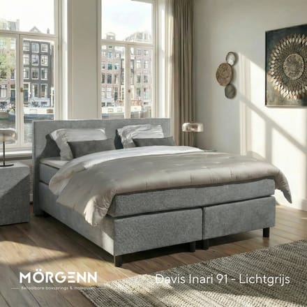 Mörgenn Boxspring Amsterdam - Pocketvering - Lichtgrijs - 100x220 cm - Inclusief Dekbed en Kussens