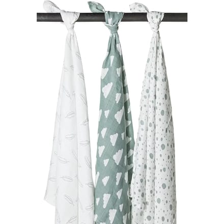 Meyco Baby Clouds/Dots/Feathers swaddle - 3-pack - hydrofiel - stone green - 120x120cm