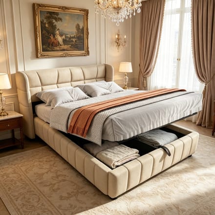 Bedframe - Gestoffeerd Opbergbed 140x200 Met Hydraulisch Systeem Beige
