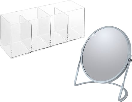 Spirella Make-up organizer en spiegel set - 4 vakjes - plastic/metaal - 5x zoom spiegel - blauw/transparant