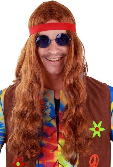 Hippie pruik Jay lang haar bruin met hoofdbandje