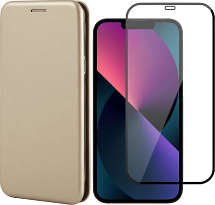 Hoesje geschikt voor iPhone 13 Mini en Full Screenprotector - Portemonnee Book Case - Goud