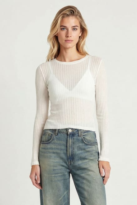 Geribde Crew Neck Lange Mouw Korte Top