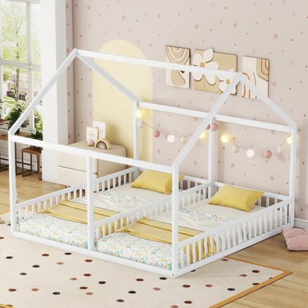 Eenpersoonsbed - 90x200 cm - Huisvormig 2-in-1 Design - Wit