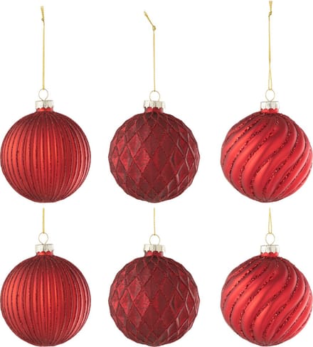 J-Line kerstbal Geribbeld & Geruit - glas - rood - small - doos van 6