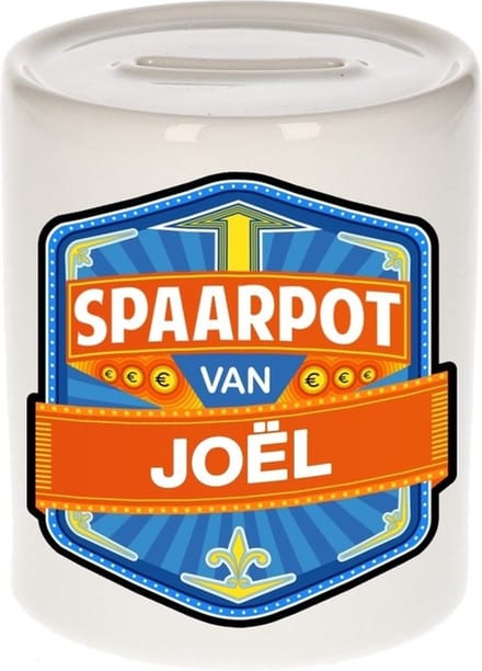 Bellatio Decorations Kinder spaarpot met naam - Joël - keramiek - met dop - wit - Sparen - Spaargeld van Joël