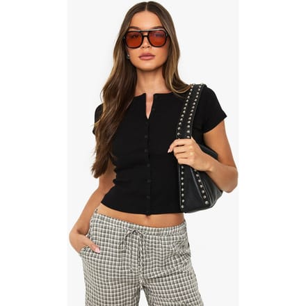 boohoo Dames Geribbelde top met door-de-knop capmouw | Zwart | Maat: 42