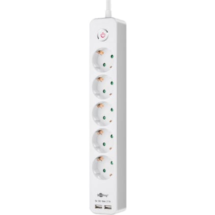 Stekkerdoos 5-voudig met schakelaar en 2x USB, lengte 1,5 m