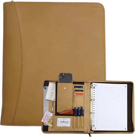 Leren Schrijfmap A4 - Conferentiemap - Documentenmap a4- Tablethoes & Laptopsleeve - Uitneembare Ringband - Taupe