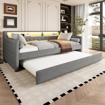 Slaapbank - 90x200 cm - Met Lattenbodem en Uitschuifbed - LED en USB - Linnen - Grijs