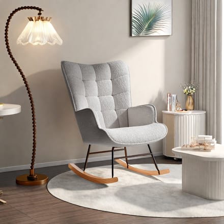 Schommelstoel grijs teddy pluche, comfortabele fauteuil met zachte bekleding