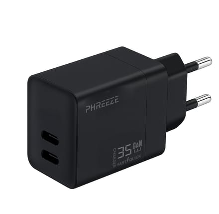 Usb C adapter 2 poorten - 35w - Slimme verdeling - Usb C lader - Snellader - Gan charger - Zwart - Phreeze