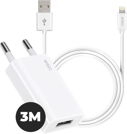 Oplader geschikt voor Apple iPhone 14 / 13 / 12 / 11 / X en iPad - inclusief USB naar Lightning laadkabel 3 m - wit - WiseQ