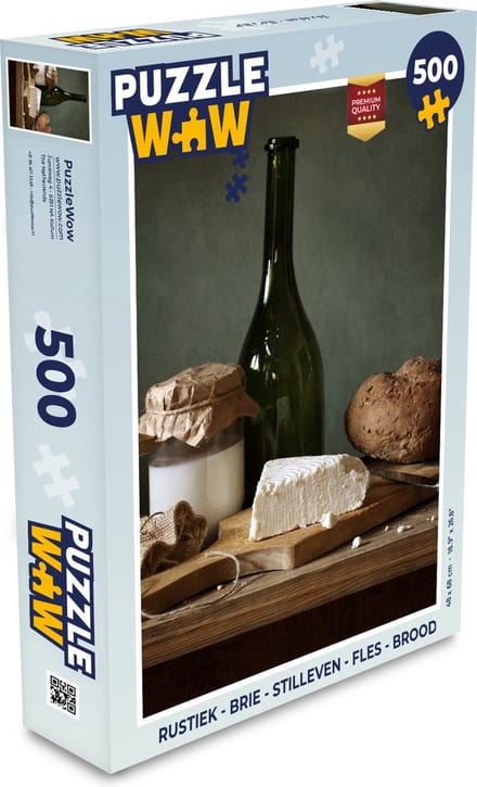 Puzzel Rustiek - Brie - Stilleven - Fles - Brood - Legpuzzel - Puzzel 500 stukjes