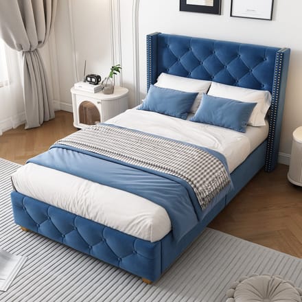 MODFU Soft-polsterbed 90x200 cm – Blauw fluweel – Knoop-tufting – 12 latten – Stevige poten