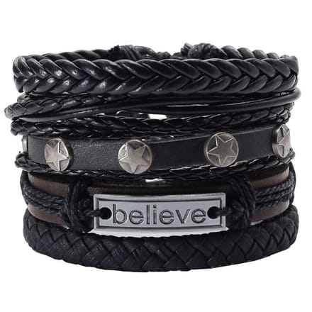 Fako Bijoux® - Armband Leer - Set Believe - 5 Stuks - Zwart/Bruin