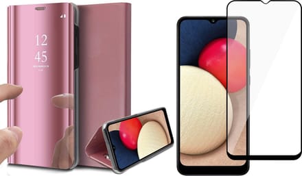 Hoesje geschikt voor Samsung Galaxy A02s - Screen Protector FullGuard - Book Case Spiegel Roségoud & Screenprotector