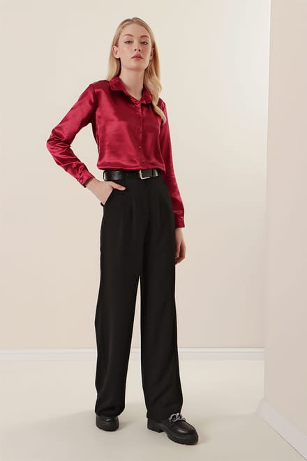Satin Lange Mouw Knop-Up Shirt