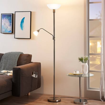 Lindby - vloerlamp - 2lichts - Metaal, polycarbonaat - H: 180 cm - E27 - satijn nikkel, mat wit