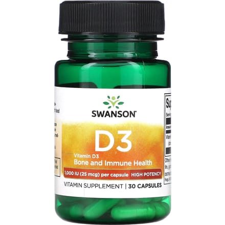 Vitamine D3, Hoge Potentie, 25 mcg (1.000 IE), 30 capsules