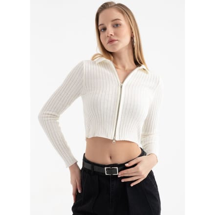 Korte Cardigan met Rits en Polokraag in Ribbelstructuur