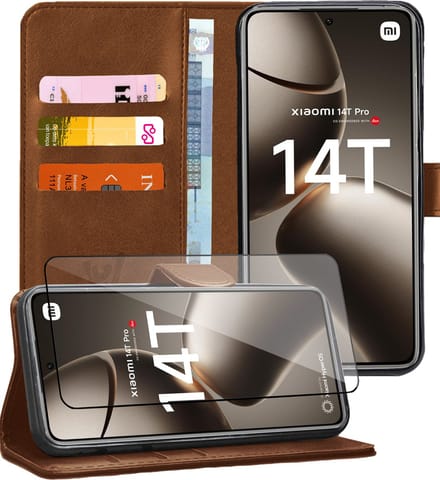 Hoesje geschikt voor Xiaomi Redmi 14T / 14T Pro - Screenprotector Glas - Portemonnee Book Case Bruin