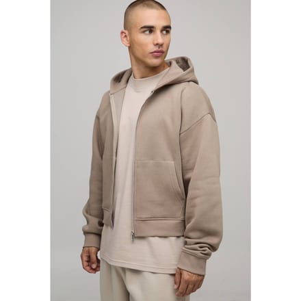 Essential Shrunken Boxy Zip Through Hoodie | Taupe | Size Small