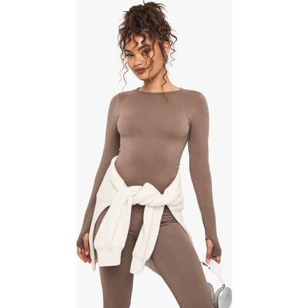 Dames Boohoo Basics Naadloze Rib Long Sleeve Top | Mocha | Maat: Large