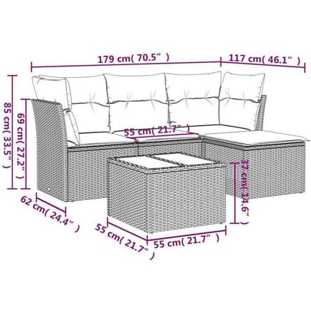 vidaXL - 5-delige - Loungeset - met - kussens - poly - rattan - lichtgrijs