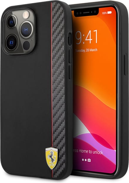 Ferrari iPhone 13 Pro Max Cover Carbon Effect Metal Logo Vertical Stripe - Black