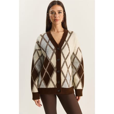 Dikke Jacquard Brei Cardigan met V-hals en Knopsluiting