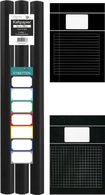 Benza Basic Schoolpakket - 3 rollen Kaftpapier - Schriften A4 5 x Lijn & 5 x Ruit - Zwart