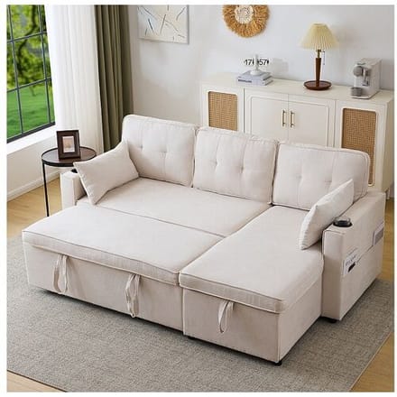KOMHTOM Sofa's met slaapfunctie, L-vormige sofa's, gestoffeerde meubelen, sofa's, loungers met bekerhouders,Beige