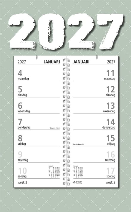 MGPcards - Omlegweekkalender 2027 - Week begint op maandag - 21 x 34 cm - Groen