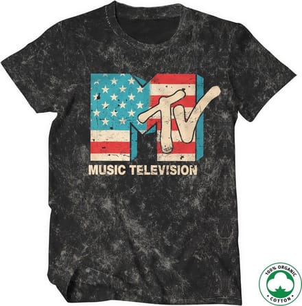 MTV Heren Tshirt -L- Distressed USA Flag Organic Zwart