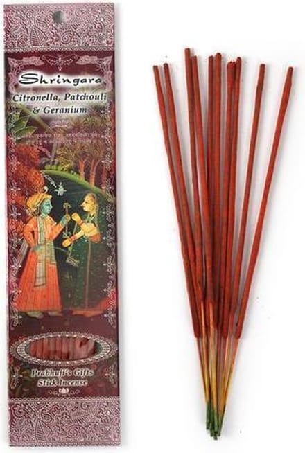 Wierooksticks, handgerold, 'Shringara' met citronella, patchouli en geranium, 20 sticks