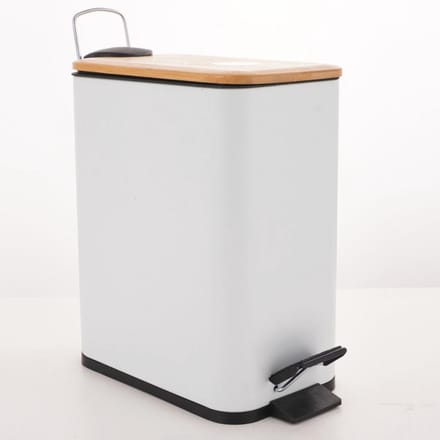 Slanke Pedaalemmer van Staal en Bamboe, 5L, Mat Wit