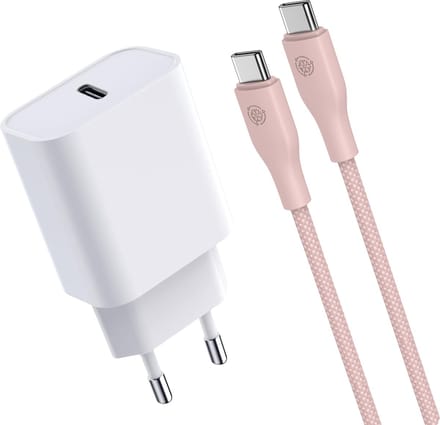 20w usb-C Adapter met usb C naar usb C Kabel Roze - 1 Meter - Snellader - Universeel
