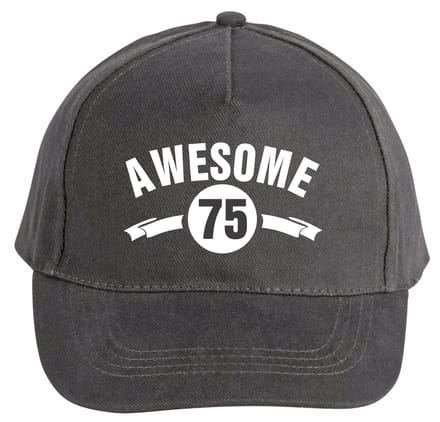Mijncadeautje - 5 panel - Cap - Verstelbaar - Pet van 100% dik geborsteld katoen- unisex - opdruk wit - Awesome 75 jaar - chique grijs