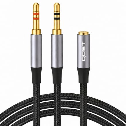 Qost - Aux splitter - Headset and Microphone Splitter 3.5mm - Spacegrey - 3.5mm Male TRRS Jack Plug to 2 TRS Jack