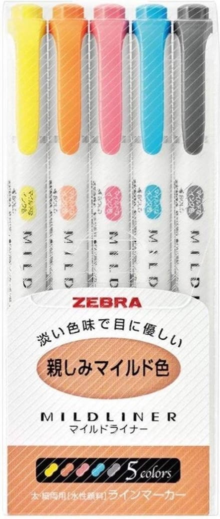 Zebra Mildliners | dubbelzijdige stiften set | 5 milde kleuren