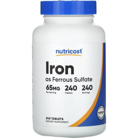Nutricost, ferrosulfaat, ijzer, 65 mg, 240 tabletten